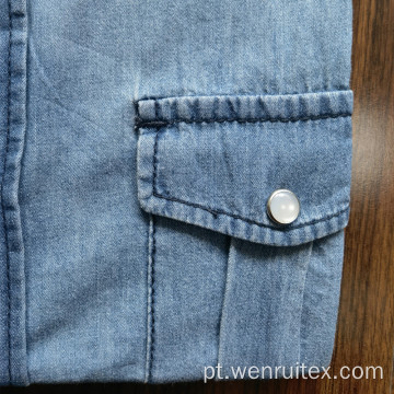 Camisa de lapela de algodão jeans tingida de manga comprida masculina